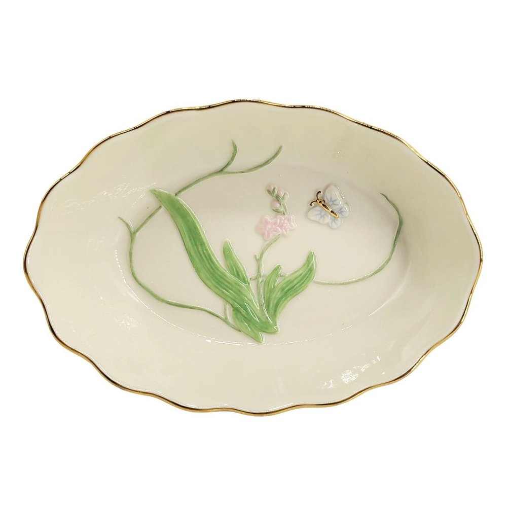 Lenox NIB Bone China Butterfly Candy Dish Ivory Porcelain 24K Gold Trim Oval
